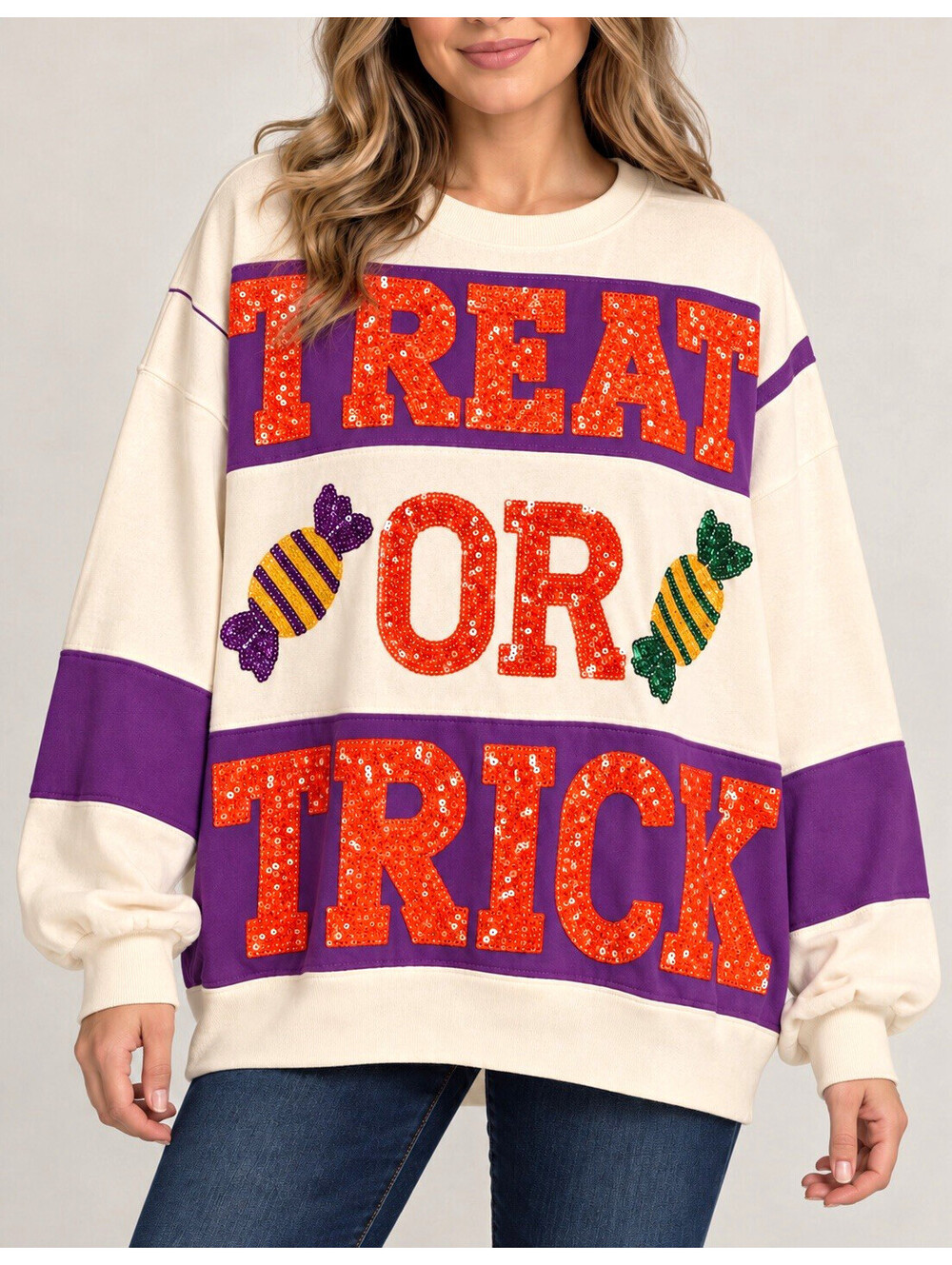Fantastic Fawn Halloween Treat or Trick Sequin Colorblock Fleece Sweatshirt
